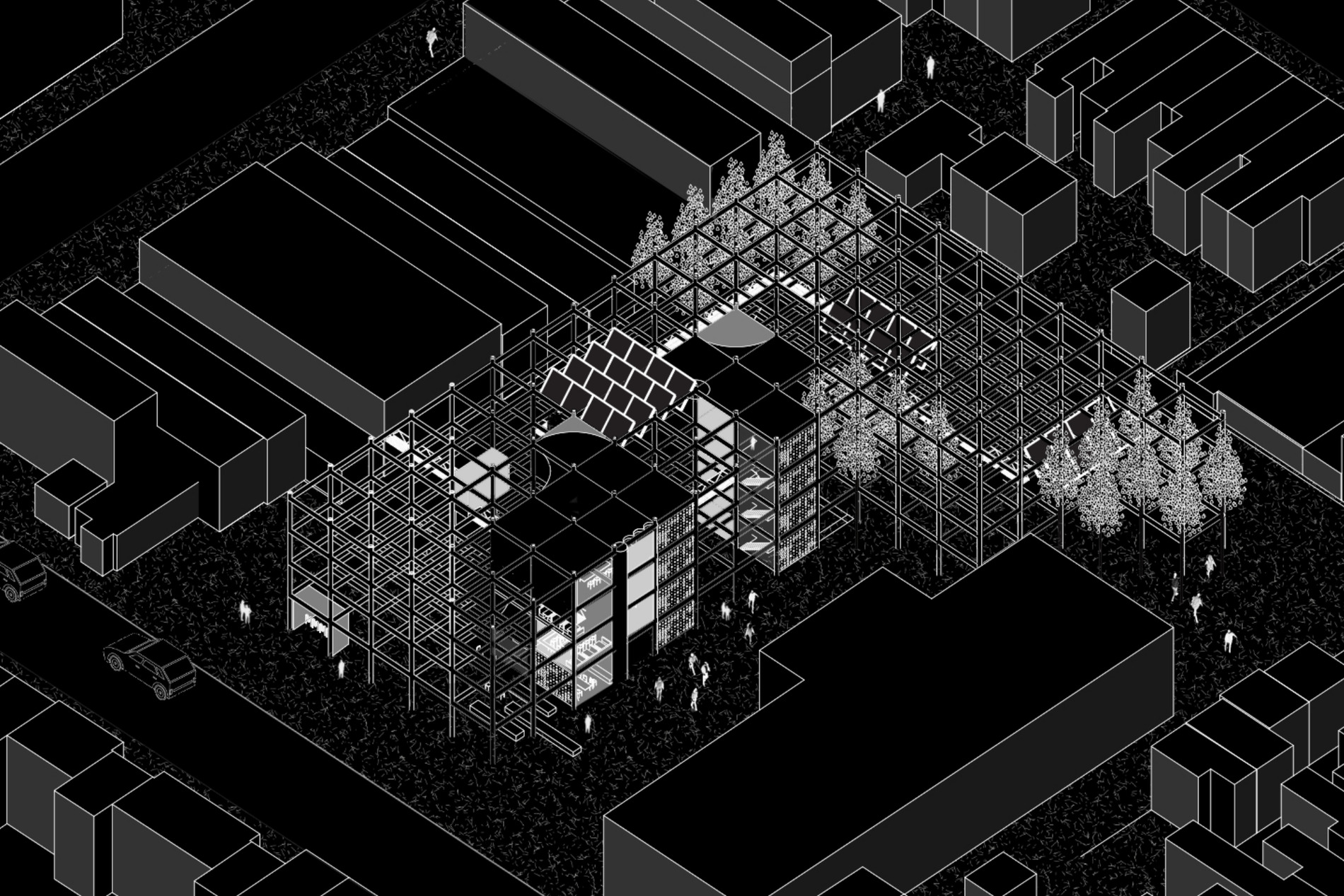 Axonometric drawing of the Misaligned proposal at 14th and S Street NW, the scaffold structure set slightly off the city grid.