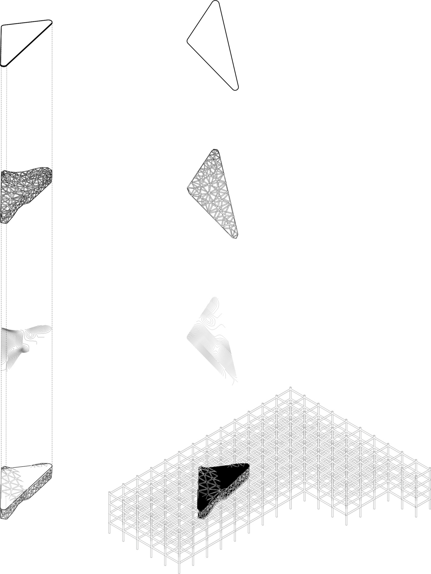Exploded diagram of the polycarbonate cloud structure and its position within the scaffold.