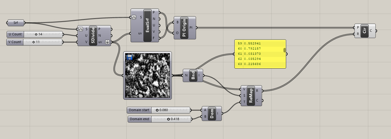 Grasshopper definition mapping texture brightness to perforation radius.