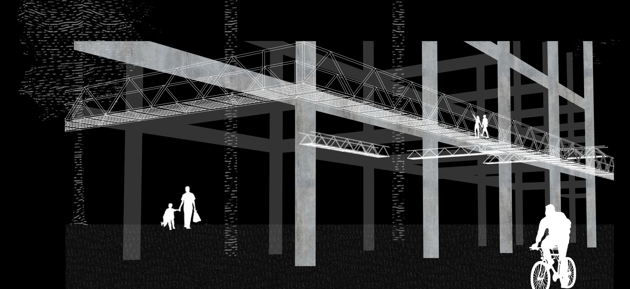 Perspective view beneath the scaffold structure, figures crossing the ground plane.