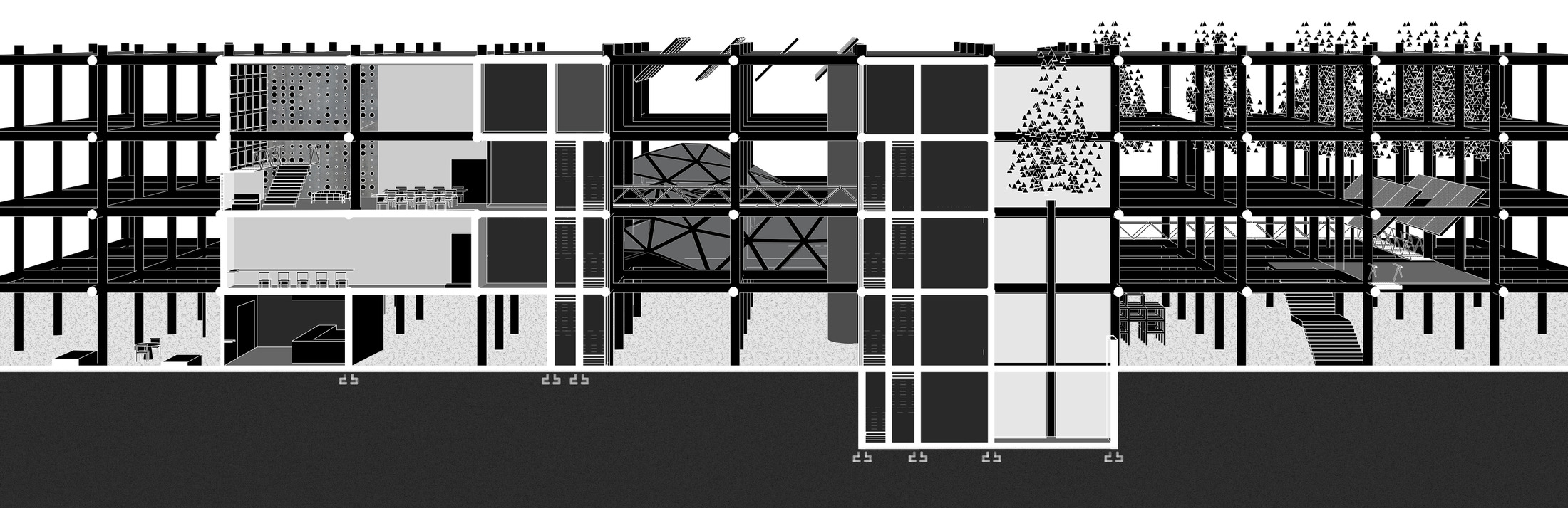 Longitudinal section perspective across the full length of the structure.