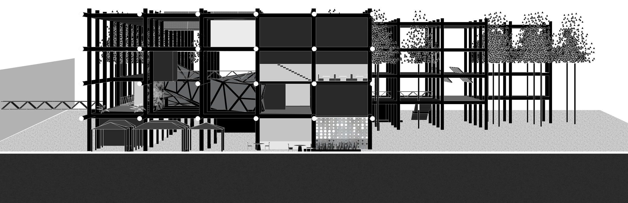 Transversal section perspective through the scaffold and pods.
