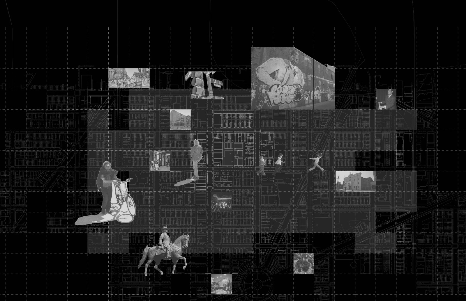 Site mapping over L&rsquo;Enfant&rsquo;s grid, marking moments of movement, play, and cultural significance.