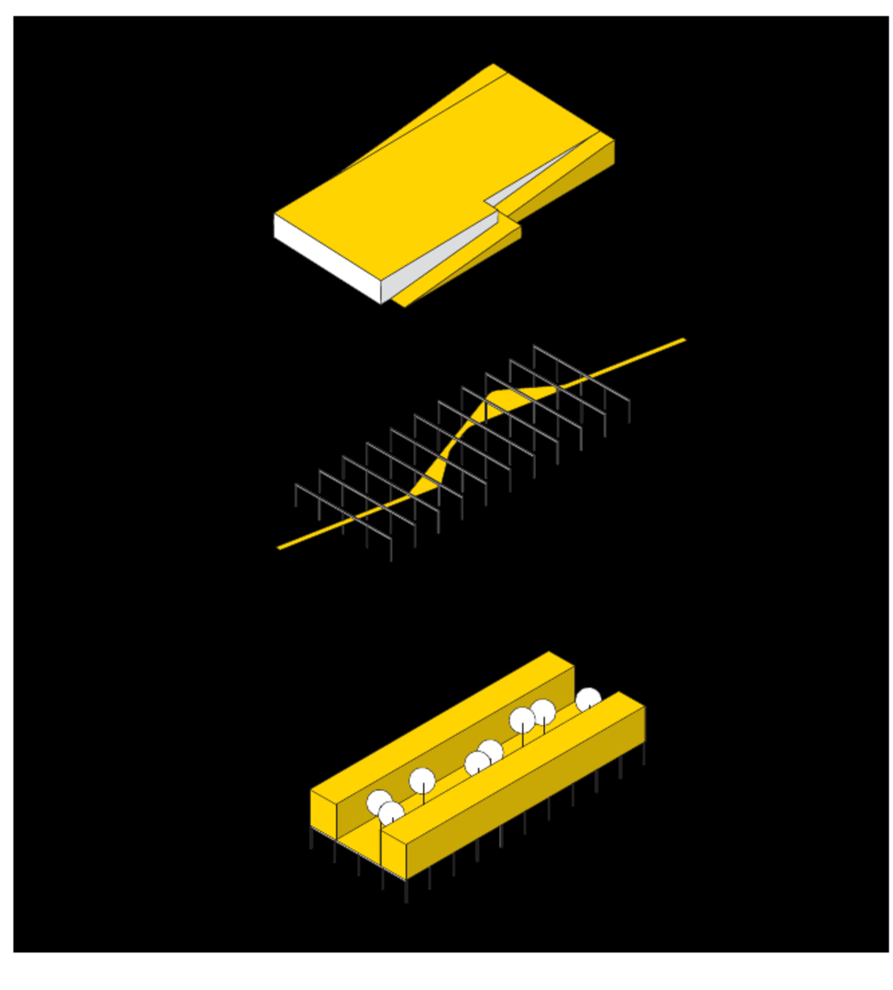Axonometric studies of a decommissioned data center reimagined as civic structure.