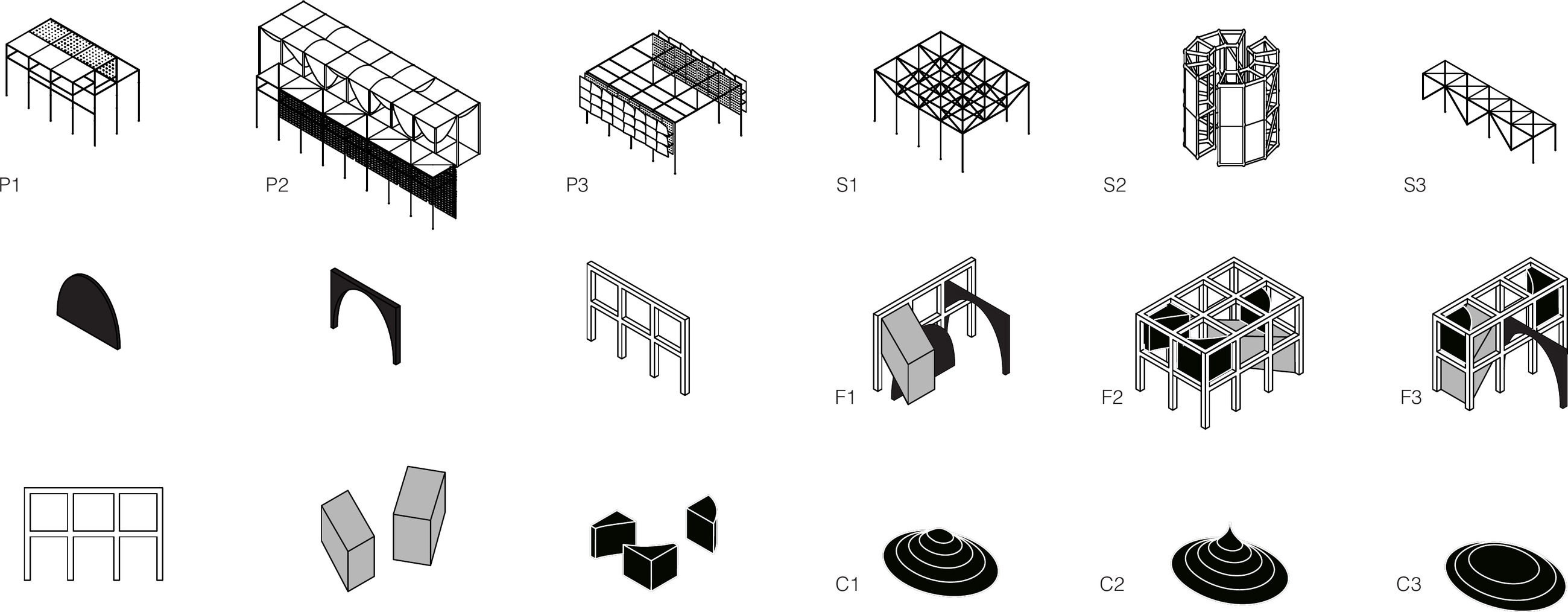 Component catalog: pods P1 to P3, spaces S1 to S3, follies F1 to F3, and contour mounds C1 to C3.