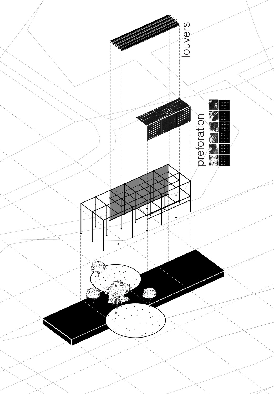 Exploded axonometric of the light pod: louvers and perforated panels above the scaffold deck.