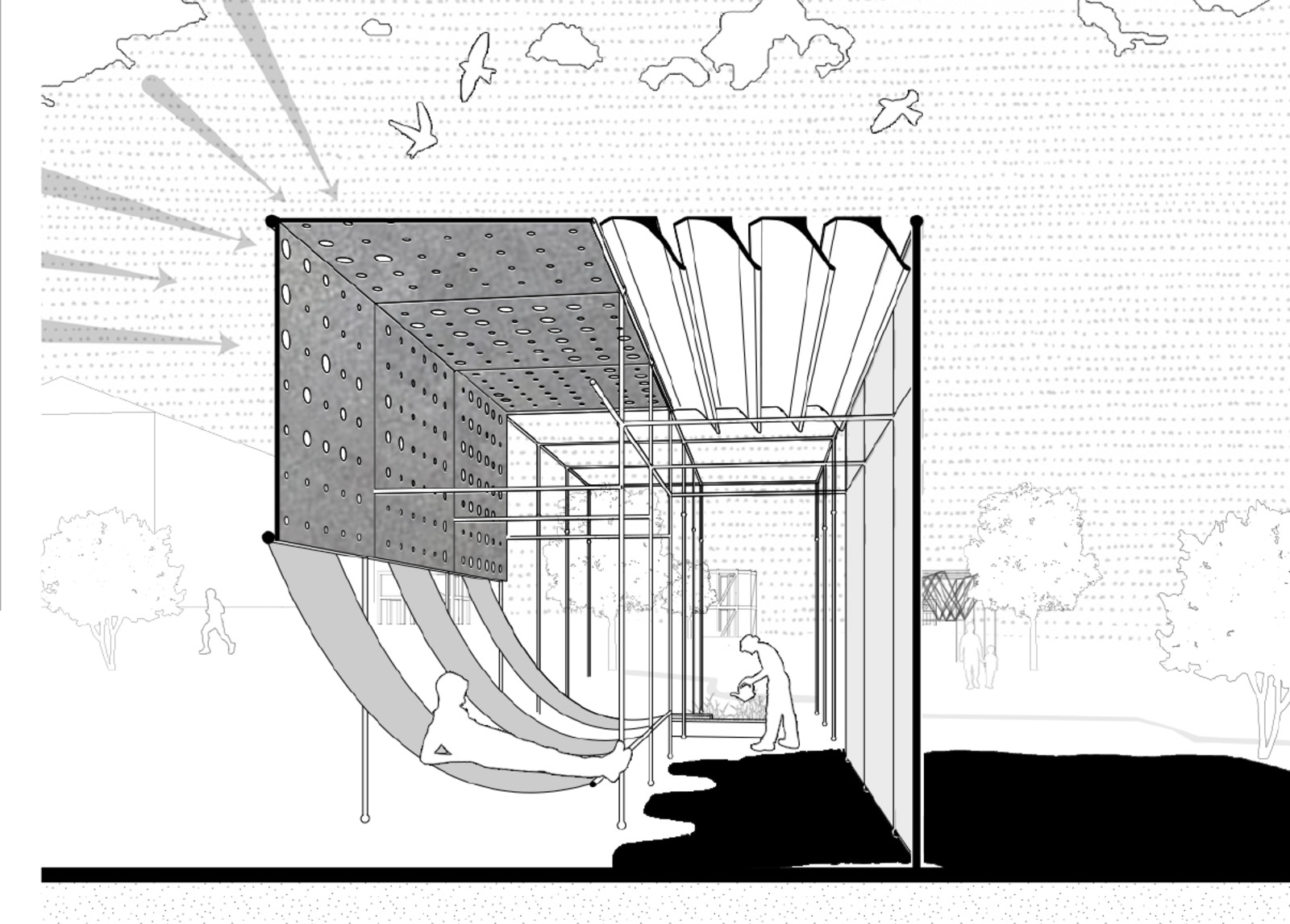 Section perspective through the light pod, daylight raking across the perforated wall.