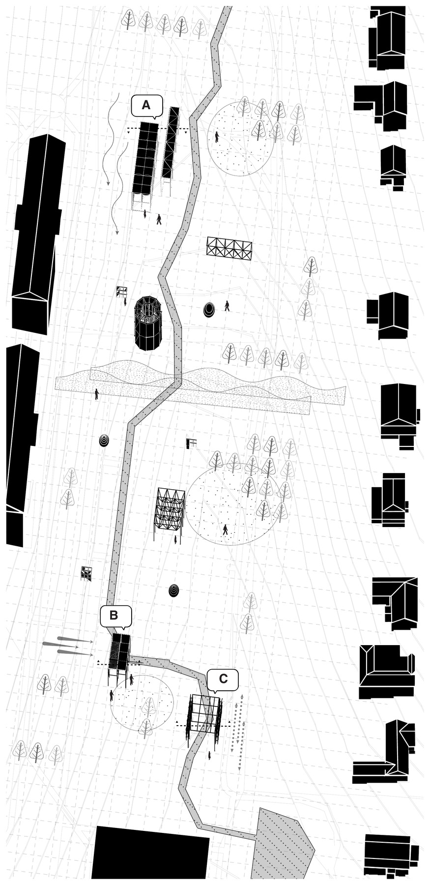 Plan oblique of The Dell with the three pods marked A, B, and C along the path.