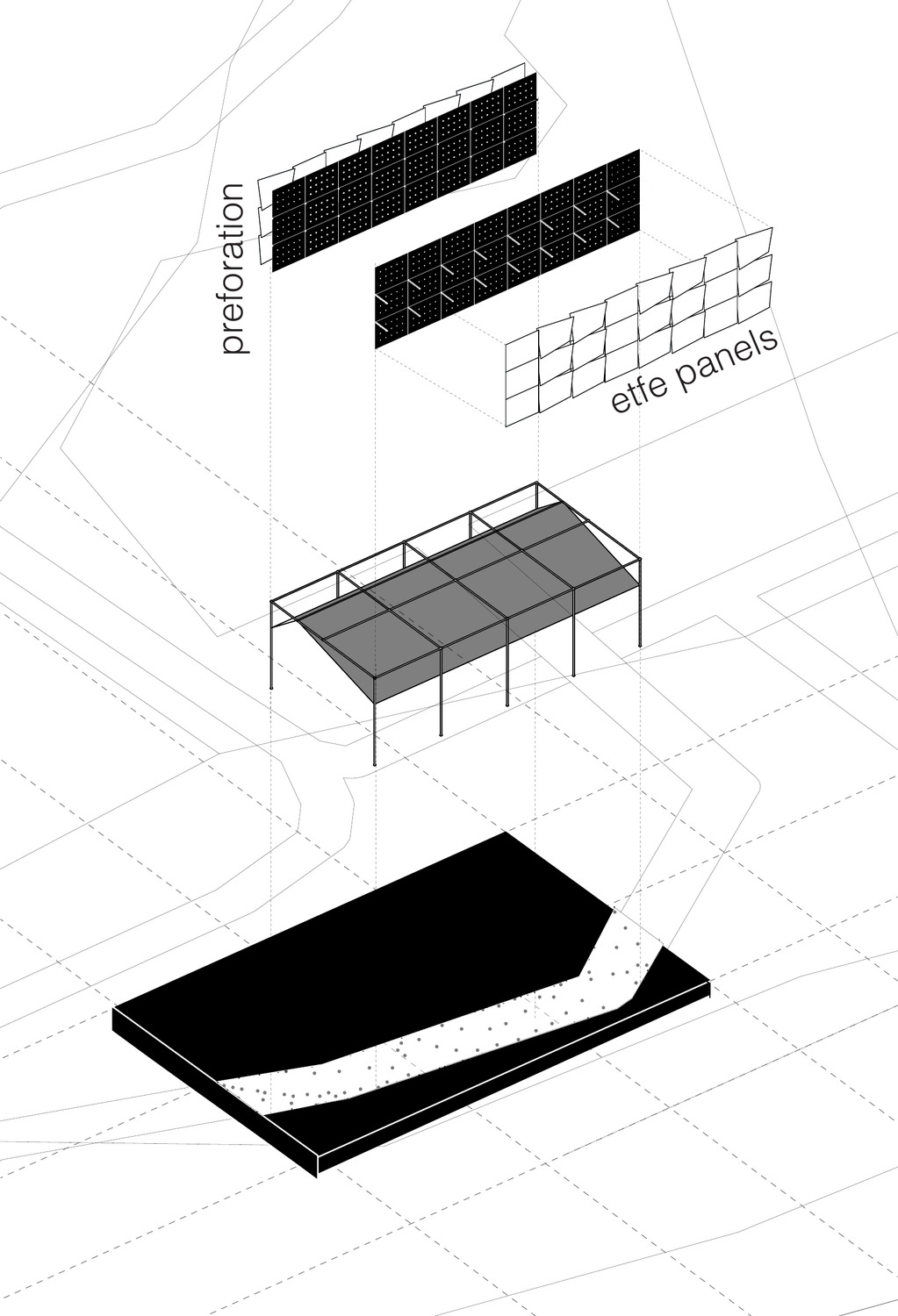 Exploded axonometric of the water pod: perforated panels and ETFE above a basin deck.