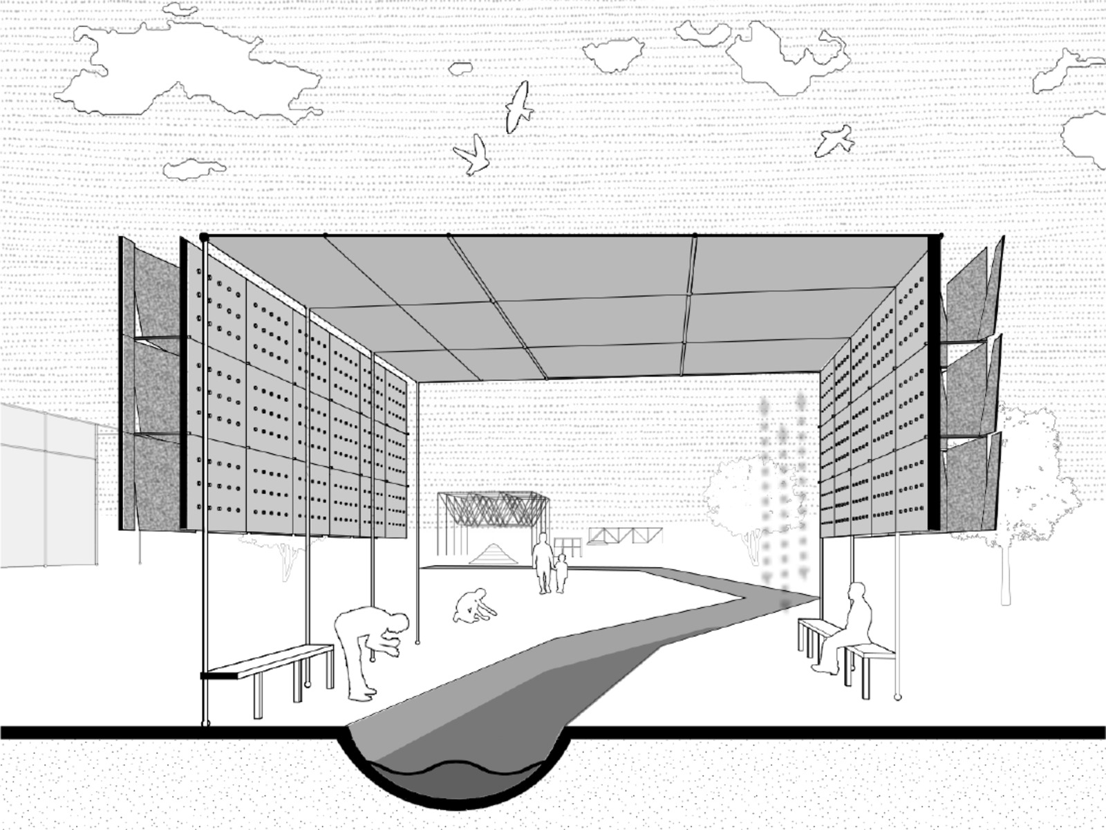 Section perspective through the water pod, basin cutting under the double facade.