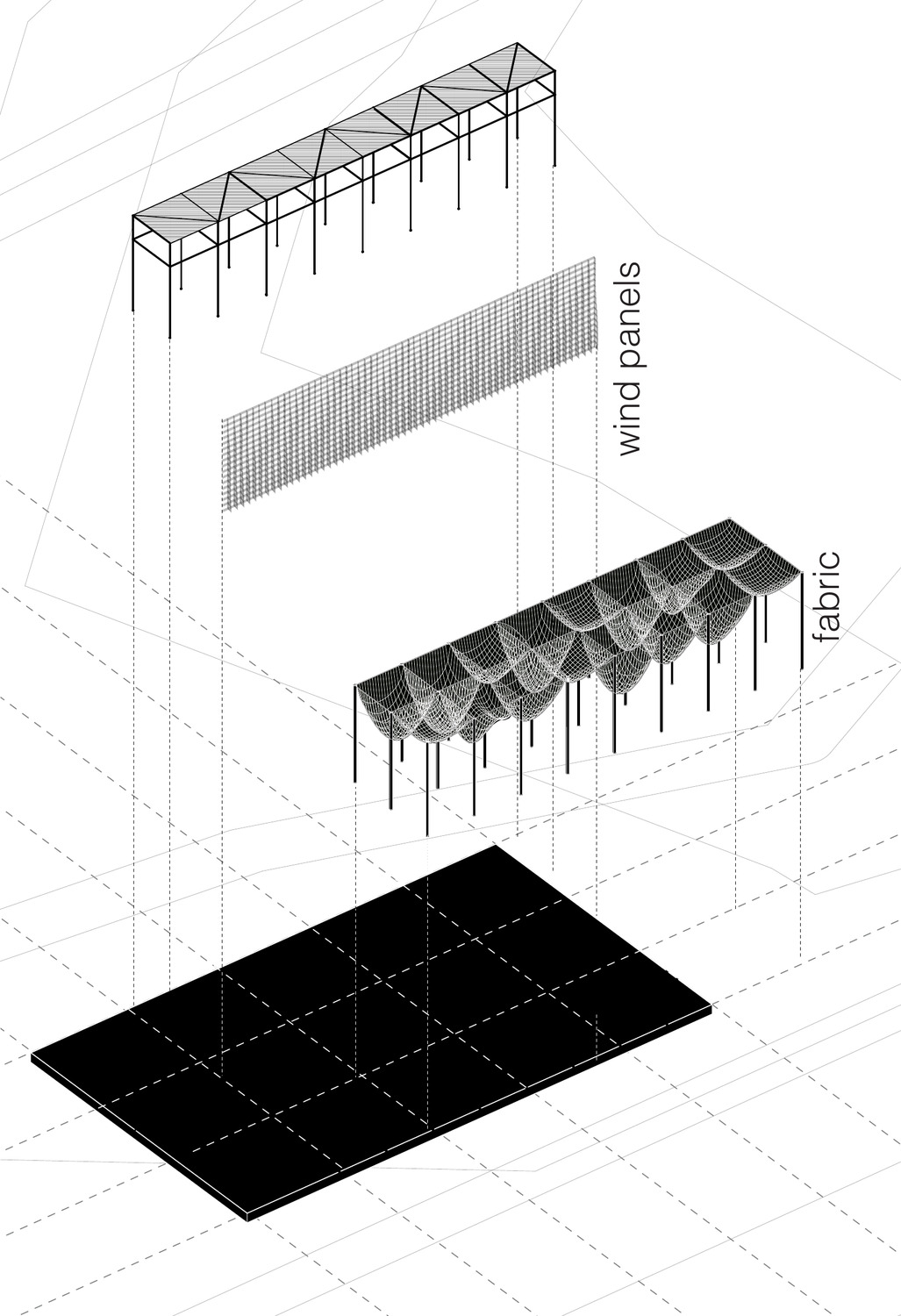 Exploded axonometric of the wind pod: wind panels and fabric above the scaffold deck.
