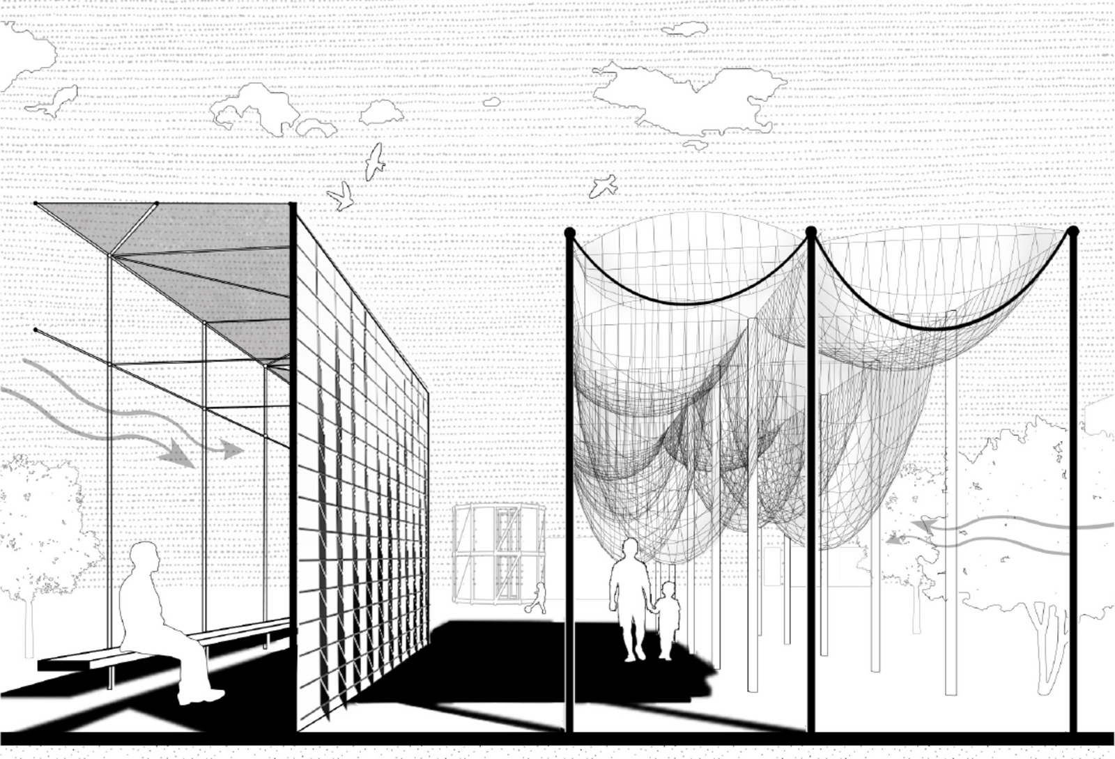 Section perspective through the wind pod, fabric catenaries hanging between scaffold bays.