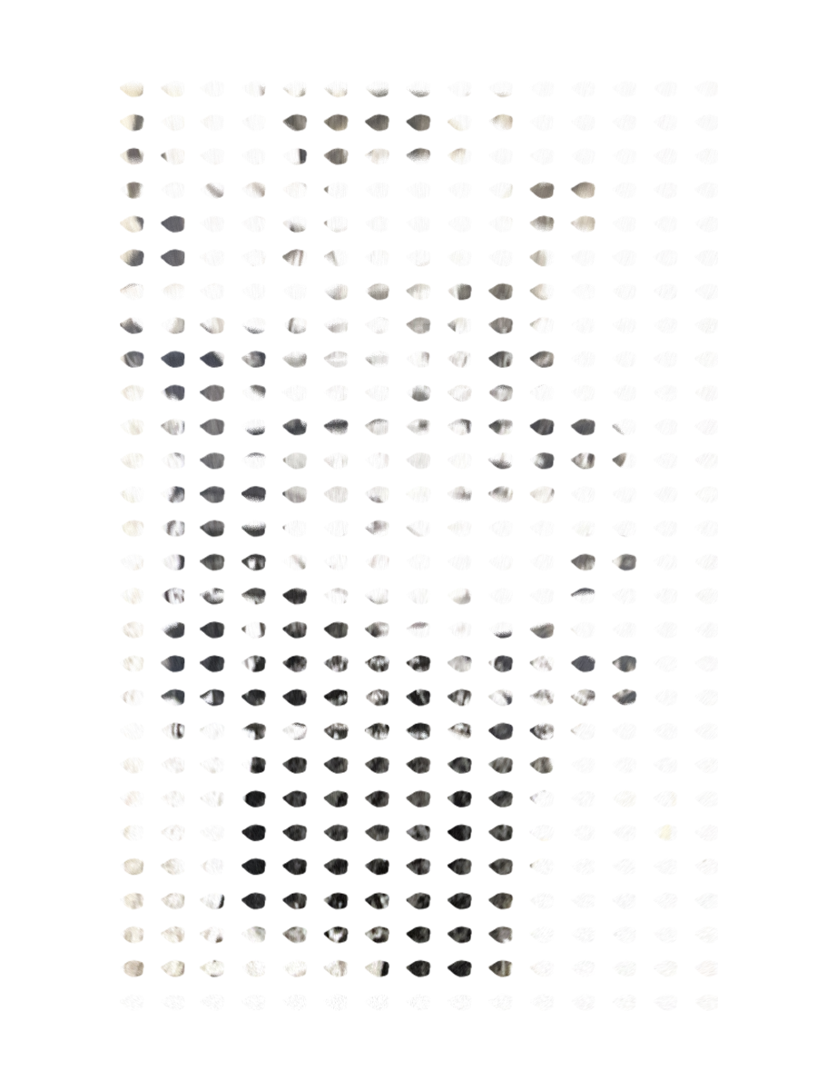 A group photograph broken up by a repeating eye motif.