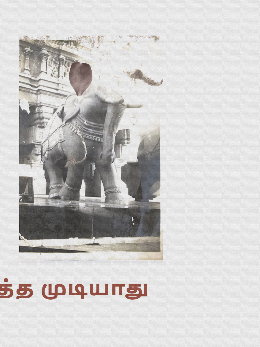 You Cannot Straighten a Dog&rsquo;s Tail: a temple elephant with Tamil lettering, from the zine.